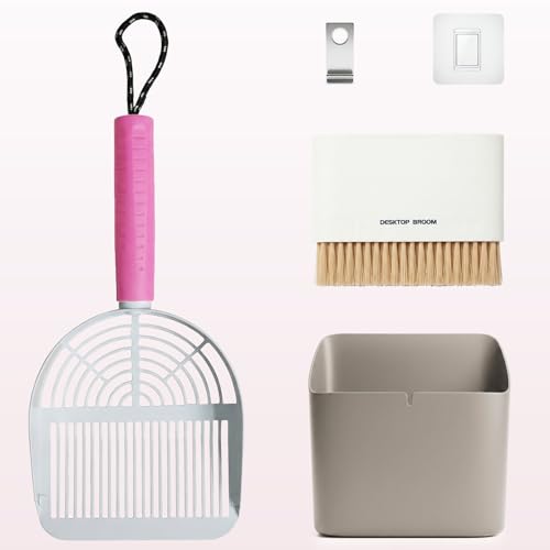 Cat Litter Scoop with Holder, 3 in 1 Metal Kitty Scooper, Heavy Duty Deep Litter Sifter with Dustpan & Mini Broom, Dual Coarse & Fine Grid, Quick Sift, Universal for All Cat Litter - color: Pink, size: Large