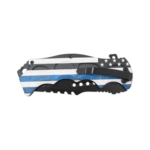 Snake Eye Tactical 8.5" Heavy Duty Folding Pocket Knife – Black Reverse Tanto Half Serrated 3CR13 Steel Blade, Printed Metal Thin Blue Line Police Flag Handle, 250th Anniversary Edition - color: Black & Blue
