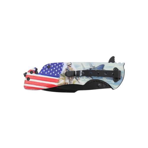 Snake Eye Tactical 8.5" Folding Rescue Pocket Knife –Black Stainless Steel Blade, 3D Printed Aluminum Flag Handle with Seatbelt Cutter, Glass Breaker, 250th Anniversary Edition - color: USA Flag With AR