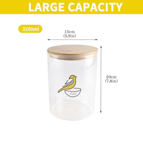 108 oz Bird Seed Storage Container,Circle Glass Bird Food Container with Airtight Wood Lid,Pet Food Storing with Birds Seed Scoop,for Wild Small Birds Food Storage,Birdfeed,Nuts(Clear)