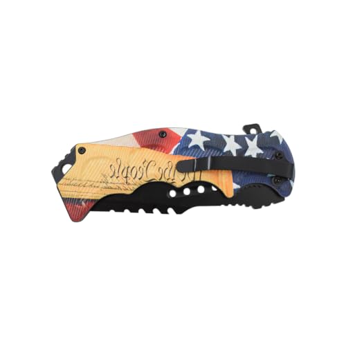 Snake Eye Tactical 8.5" Heavy Duty Folding Pocket Knife – Black Reverse Tanto Half Serrated 3CR13 Steel Blade, Printed Metal 'We the People' Constitution Handle with Pocket Clip, 250th Anniversary Edition - color: Brown & Black