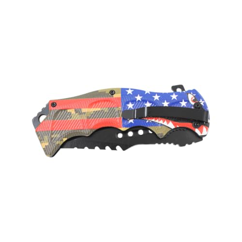 Snake Eye Tactical 8.5" Heavy Duty Folding Pocket Knife –Black Reverse Tanto Half Serrated 3CR13 Steel Blade, Printed Metal Flying Tigers Shark Mouth Camo Handle, 250th Anniversary Edition - color: Camo With Shark Mouth