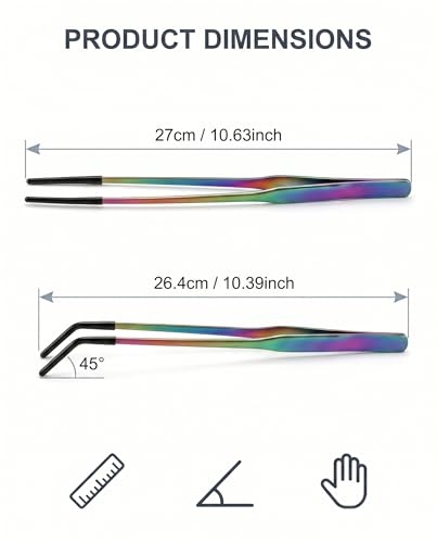 Rainbow Stainless Steel Rubber Tip Tongs for Reptile Feeding and Handling Long Handle Straight and Curved Tweezers for Bearded Dragon Small Exotic Pets