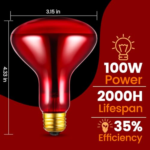 2-Pack 100W Infrared Heat Lamp - Reptile Heat Emitter, Red Heat Bulb for Chicked, Snake & Leopard Gecko, E26 Base