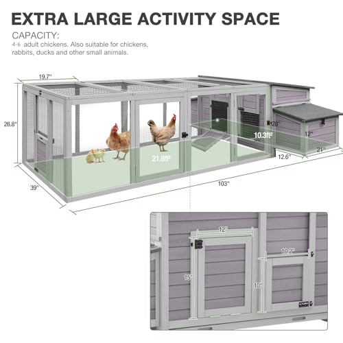 103’’ Large Chicken Coop with Run, Wooden Chicken House with Two Large Nesting Box and Leakproof Tray, Outdoor Hen House Poultry Cage for 4-6 Chickens, Waterproof Roof - size: 103"L x 39"W x 26.8"H