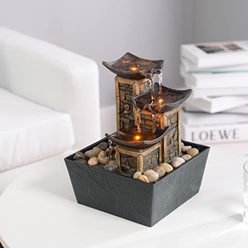 GOSSI Indoor 3-Tier Tabletop Water Fountain with Soothing Sound, Simulation Stone Pillar Design, Natural River Rocks, Reflective Lighting for Meditation and Relaxation - color: Yellow