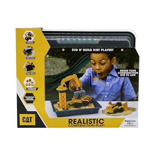CAT Dig N’ Build Dirt Playset – 12 oz Moldable Dirt Compound, Working Crane, 2 Little Machines Vehicles, Construction Molds & Easy-Cleanup Tray, Sensory STEM Toy for Kids Ages 3 + - style: Dirt