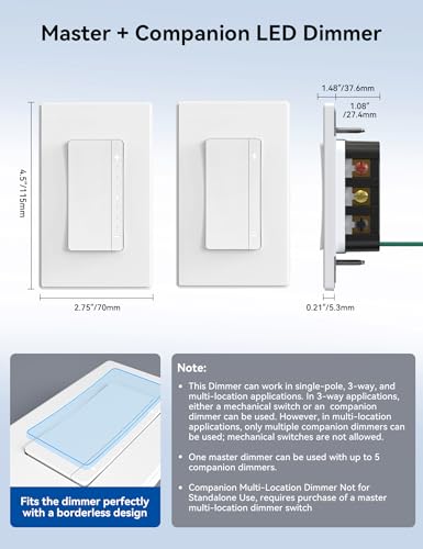 ELEGRP LEDPro™ Multi-Location Dimmer, EDM25BMC Master and Companion Dimmer Light Switch for LED, Single Pole/3 Way, 1 Pack, Matte White - color: Matte White, size: Master & Companion