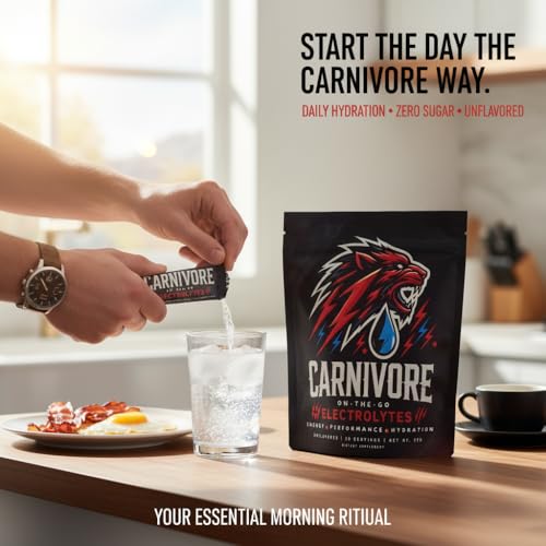 Premium Hydration Powder for Carnivore Diet - Balanced Electrolyte Support, Zero Sugar, Zero Carb, Keto Friendly - Supplement for Optimal Energy & Recovery - 20 Stick Packets Per Pouch (Unflavored)