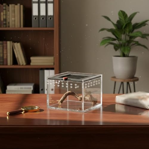 Acrylic Habitat Reptile Terrarium Animal Enclosure Feeding Box Stackable Design with Sliding Lid Suitable for Beginners Desktop Observation, Khaki - style: Khaki