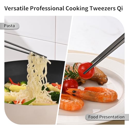 DEHOV 12 Inch Stainless Steel Black Cooking Tongs Set of 2, Metal Chef Food Tweezers For Cooking, Long Metal BBQ Tongs For Pasta, Black Pickle Grabber - color: Black