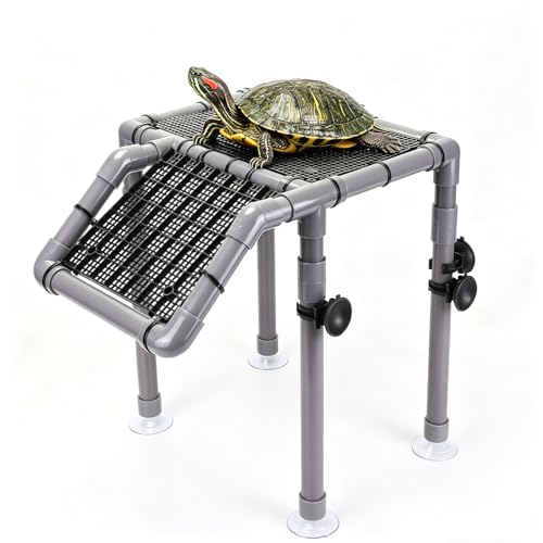 Large Turtle Basking Platform for Aquatic Turtles, Sturdy Standing Turtle Dock with Non-Slip Ramp, Red Ear Slider Tank Accessories for 25/29/40/55 Gal, Gray/Black - size: Basking Platform 10.8" W × 7.7" D