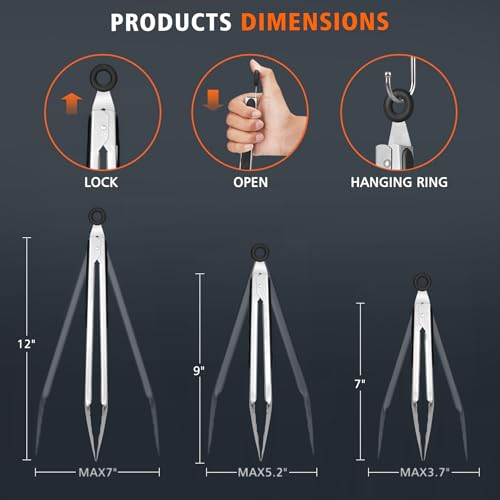 Hotec Stainless Steel Kitchen Tongs, Set of 3-7", 9" and 12", Locking Metal Food Tongs for Cooking, Serving, BBQ, Grill with Non-Slip Grip - size: 3pack: 7+9+12inch