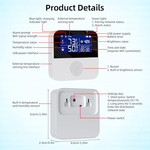 eMylo WiFi Thermometer Hygrometer with Waterproof Probe, Smart Indoor Temperature Humidity Monitor with Brightness Sensor, LED Backlit Screen, APP Control, Buzzer Alarm&App Alert,Compatible with Alexa