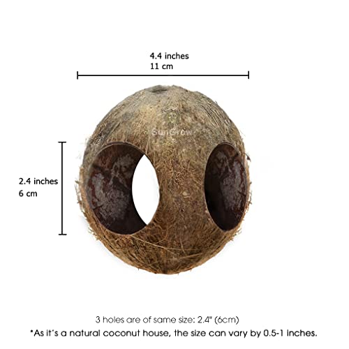 SunGrow Hermit Crab Hut Cozy Crabitat Coconut Shell with Hanging Loop and Climbing Accessory