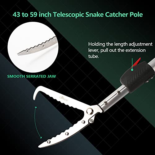 Snake Catcher Tongs Grabber Rattle Heavy Duty with 43 inch to 59 inch Telescopic Pole