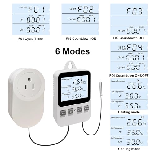 Temperature Controller Heating Cooling Mode Digital Thermostat 120V 15A Plug in Thermostat Controlled Outlet for Reptile Greenhouses Seedling Mat Incubation Terrarium