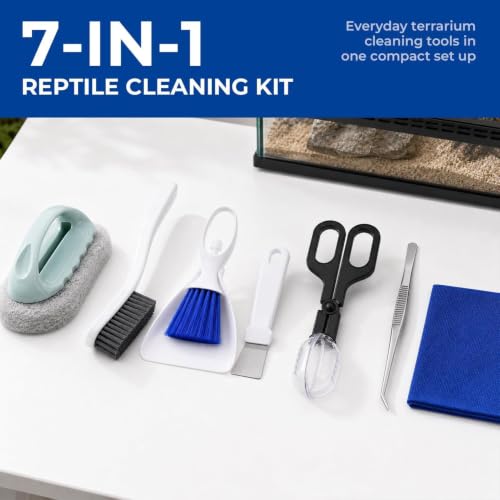 Reptile Tank Cleaner Kit, 7PCS Terrarium Cleaning Set With Dustpan, Brush And Feeding Tongs, Bearded Dragon Cage Cleaning Supplies For Lizard, Gecko, Snake, Turtle, Frog Enclosures And Daily Maintenan