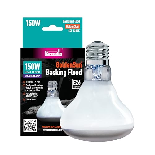 Arcadia Golden Sun Basking Flood Lamp 150W – Wide Beam Infrared Reptile Heat Lamp Bulb for Bearded Dragons, Tortoises, Iguanas and Turtle Tanks, Long Lasting Easy to Use Indoor Heat Bulb for Reptiles