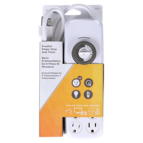 Southwire Woods Indoor 8-Outlet Power Strip Timer - Power Strip with Built-In Mechanical Timer - Programmable Outlet Strip - Grounded Outlets - Daily Power Control - White
