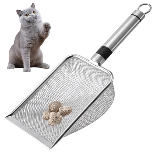 Metal Cat Litter Scoop, Stainless Steel Kitty Shovel Easy Clean Pooper Scooper with Hanging Hole Long Handle Sifter