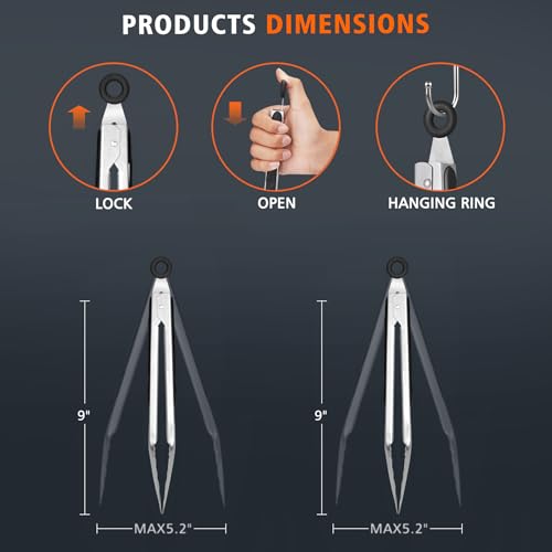 Hotec Stainless Steel Kitchen Tongs, Set of 2-9", Locking Metal Food Tongs for Cooking, Serving, BBQ, Grill Non-Slip Grip - size: 2pack: 9inch