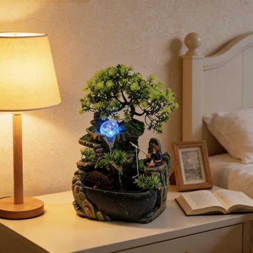 11.81in Rockery Tabletop Fountain Indoor Waterfall Fake Bonsai Desk Decor | Feature Mini Water Fountain Desktop Decor Humidifier with Pump and LED Light, Home Office Bedroom Relaxing (No Atomizer)