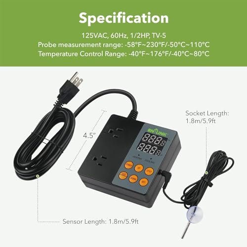 BN-LINK Digital Temperature Controller Heating Cooling 2-Stage Outlet Thermostat Controller Plug for Reptiles Aquarium Carboy Homebrew Breeding Fermenter Seed Germination °C/°F -40-176°F 15A/1875W - style: T9