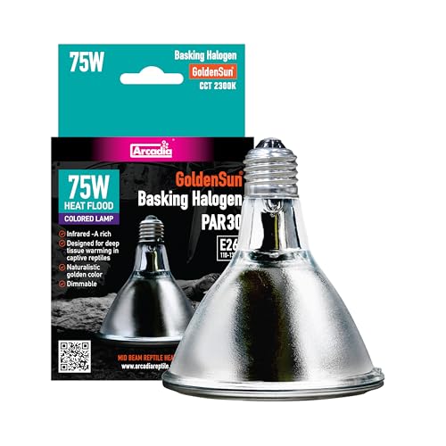 Arcadia Golden Sun Basking Halogen Lamp 75W – Mid Beam Infrared Reptile Heat Bulb, E26 Halogen Basking Bulb for Bearded Dragons, Tortoises, Iguanas and Turtle Enclosures
