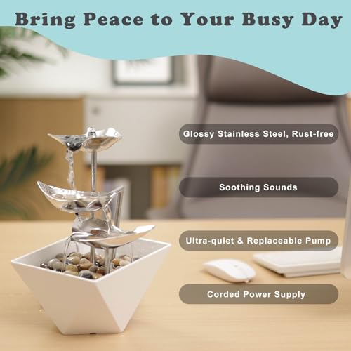 Tabletop Water Fountain Indoor - Handcrafted 3-Tier Waterfall 304 Metal | Easy "+" "-" On/Off Switch, Quiet Pump, Zen Relaxation for Office, Living Room, or Bedroom, Durable Desktop Fountain - color: White