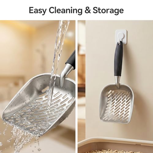 Cat Litter Scoop, Kitty Metal Scooper, Heavy Duty Aluminum Deep Sifter with Long Handle, Rustproof Durable Kitten Poop Shovel for Travel & Small Litter Box - color: Black, size: Medium