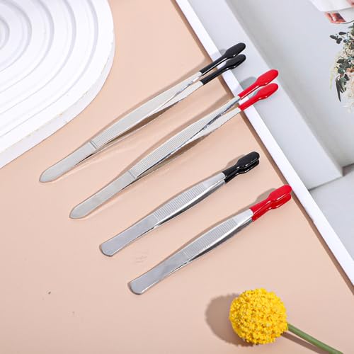 4 Pieces Rubber Tipped Tweezers, Forceps Silicone Coated Flat Tip Long Bent Precision Tweezers, Hobby Craft Tweezer Tools for Crafting Stamps Coins Jewelry Industrial Electronic Lab (Black & Red)