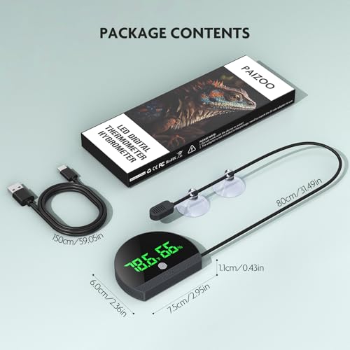 PAIZOO Reptile Thermometer Hygrometer, LED Rechargeable Reptile Tank Thermometer and Humidity Gauge, Switch Between ℉/℃, Always-on Display Mode, 59.05” Type-c Charging Cable
