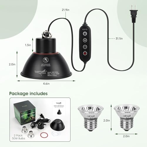 Reptile Heat Lamp Reptile Light Fixture 2Inch Shallow Dome with Dimmer and Cycle Timer, Max 100W, 2 Pack Heat Lamps UVB Bulb UVA Basking Light for Bearded Dragon Turtle Chicken Lizard Snake Gecko Tank