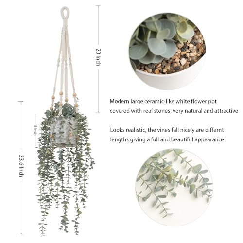 Decorative Hanging Plants for Shelf, Faux Ivy Eucalyptus Vine, Fake Greenery in White Pot (Extra Large) - size: X-Large