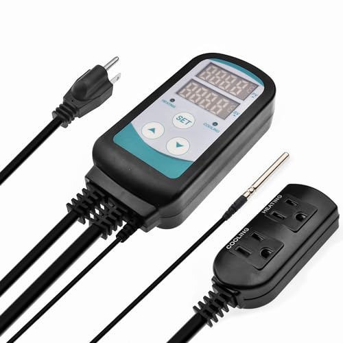 Digital Temperature Controller,Dual Digital Temperature Controlled Outlet,Thermostat Plug,Greenhouse Heater with Thermostat,110-240V 1500W ,Thermostat with Dual LED Display