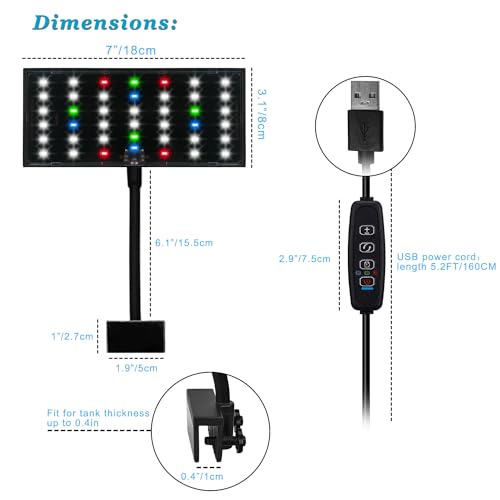 DOMICA Clip On Aquarium Light with Timer for 3 to 8 Gal Fish Tank (Dimmable Full Spectrum LED) USB Moving Lamp for Open Terrarium (Adapter NOT Included), Black, DM-USBLIGHT+T02