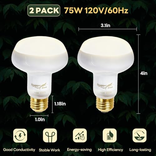 Reptile Heat Lamp, 2 Pack 75W Simulated Natural Sunlight Heat Lamp Bulbs Reptile Warm Light Lamps UVA Daylight Basking Light for Bearded Dragon Chameleon Turtle Snake Gecko Lizard Chicken, White - color: White, size: Day(75)