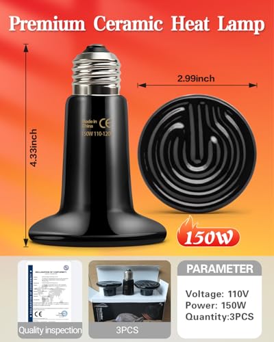 Ruiandsion 150W Ceramic Heat Emitter Bulb 2-Pack – Energy-Efficient Reptile Heat Lamp, No Light Disturbance, Ideal for Turtles/Snakes/Chickens – Dual Backup Set for Terrarium & Pet Enclosures - size: 2