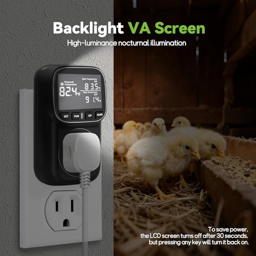 1800W Digital Thermostat for Reptile Tank, -40℉~210℉, Plug in Thermostat for Heater/Greenhouse with 5m/2m Cable, 15A Temperature Controlled Outlet with VA Display, Temp ±0.1°F, Black - style: Plug in-Black