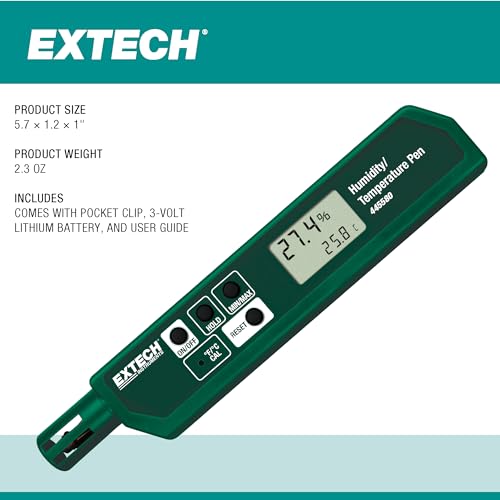 Extech 445580 Humidity and Temperature Pen with Fast Response Sensor, Min/Max Memory, Dual LCD, Pocket-Sized Hygrometer for HVAC, Labs, Storage Rooms, Indoor Air Monitoring