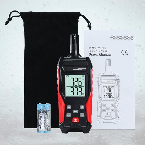 Humidity Temperature Meter, High Precision Digital Psychrometer HVAC with Ambient Temperature Handheld Hygrometer Moisture Meter w/Data Hold, Min/Max, 4 Digits Display Backlit for Outdoor Indoor Use