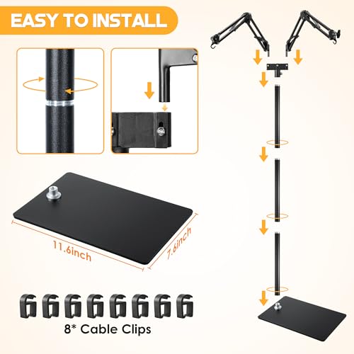 Enhon Reptile Heat Lamp Stand, Dual Reptile Light Stand with Two Flexible Brackets, Adjustable Heat Lamp Stand (15.7-74.3inch) with 360° Swing Arm and Anti tip Clip for Bearded Dragon Turtles Snake