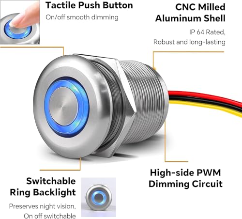 Acegoo 12 Volt Dimmer Switch High-Side PWM Dimming Switch, 7/8" Mounting Hole w/Blue Backlight for RV Boat Truck Camper Van Trailer Light Fixture & LED Strip Lights-DC 12V 6A Full Aluminum (Sliver) - color: 6A-Aluminum-Silver