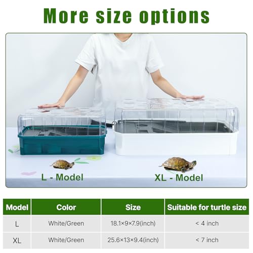 Turtle Habitat Spacious Turtle Tank Kit with Rain Shower Filter SPA & Easy Drain - Perfect for Baby Turtles, Red Eared Sliders Tortoises Green, 18.2×9.2×8 Inch