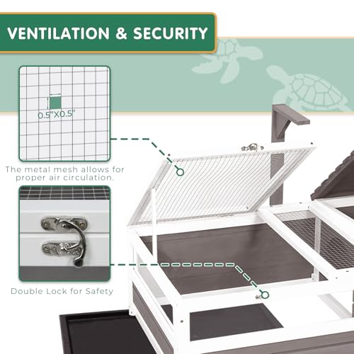 Tortoise Habitat Tank Indoor Outdoor, Wooden Tortoise House with Detachable Legs, 2-Room Reptile Turtle Enclosure Cage for Small Animals, Lamp Holder,Leakproof Tray, Grey - size: 37.0"L x 23.0"W x 32.0"H