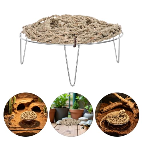 Healifty Bearded Dragon Lounger Hammock 7.3" Woven Straw Reptile Hammock with Metal Legs Elevated Basking Platform Breathable and Removable Bed for Terrarium and Mesh Enclosures
