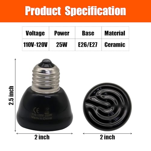 Mini Reptile Heat Lamp Bulb Ceramic Infrared Heat Emitter(4 Pack) E26/E27 Base, AC110V, for Pet Amphibian Snake, Turtle, Lizard, Chicken, Brooder Coop, No Light (25, Watts)