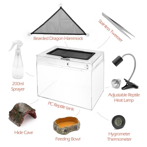 AZV Reptile Tank Starter Kit,8 Piece Escape Proof Hermit Crab Cage XLarge | All In One Lizard Terrarium,Multi-Vent Compatible Gecko Habitat,Clear PC Material Frog Enclosure,Easy-Clean Waterproof Base - size: XLarge(19.5*10.5*9.4IN)