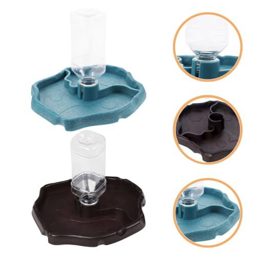 HOMSFOU Reptile Water Bowl and Feed Dish Automatic Waterer for Tortoise and Bearded Dragon with Reservoir Tray Lake Blue and Dark Brown for Terrarium Use